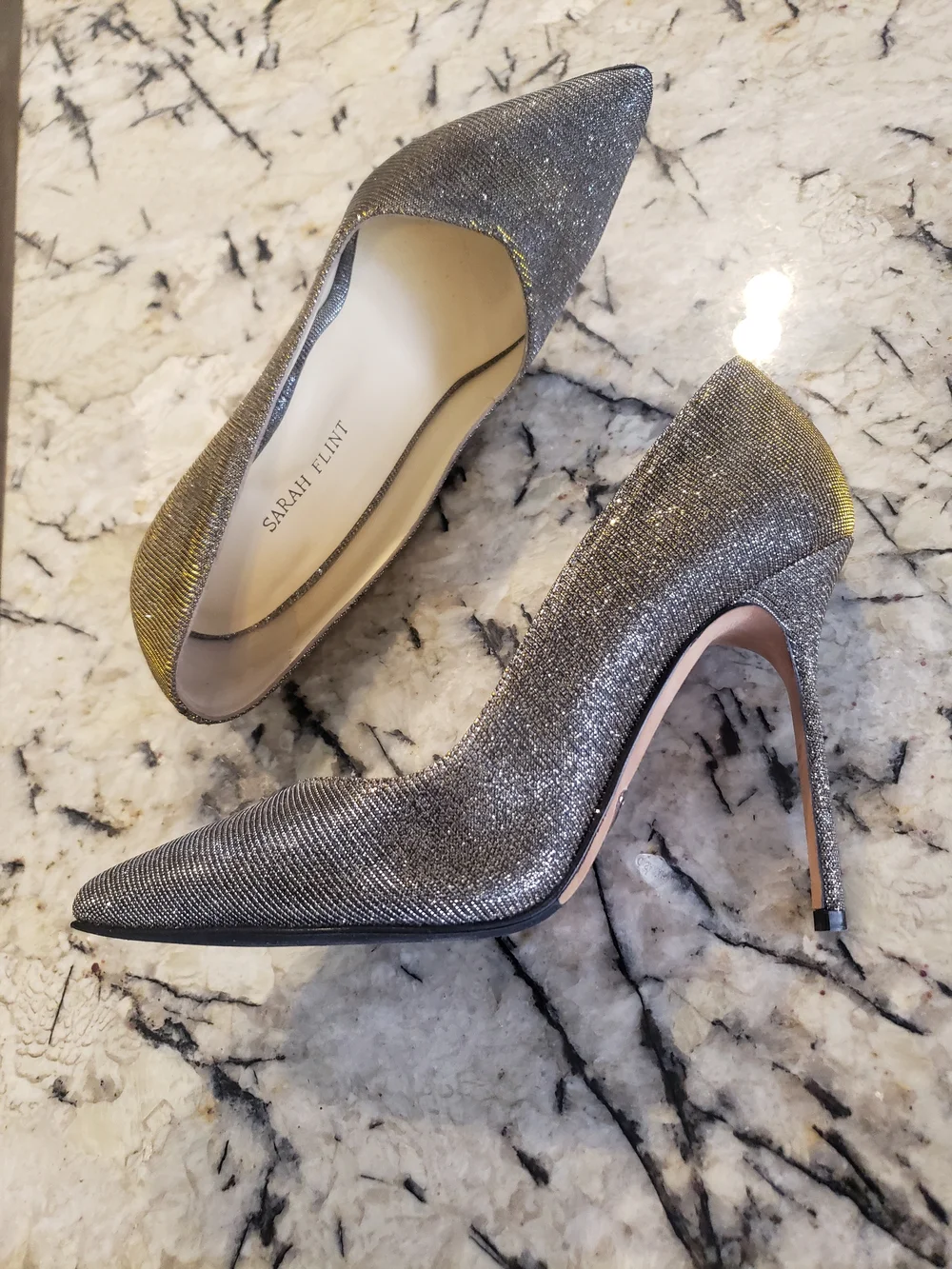 Sarah Flint Silver Glitter Pointed Toe Stilettos with Gold Edge
